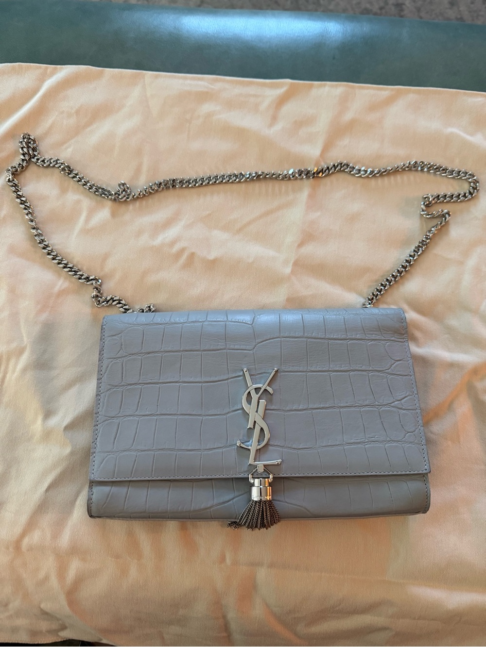 Saint Laurent Gray Croc-Embossed Leather Tassel Chain Crossbody
